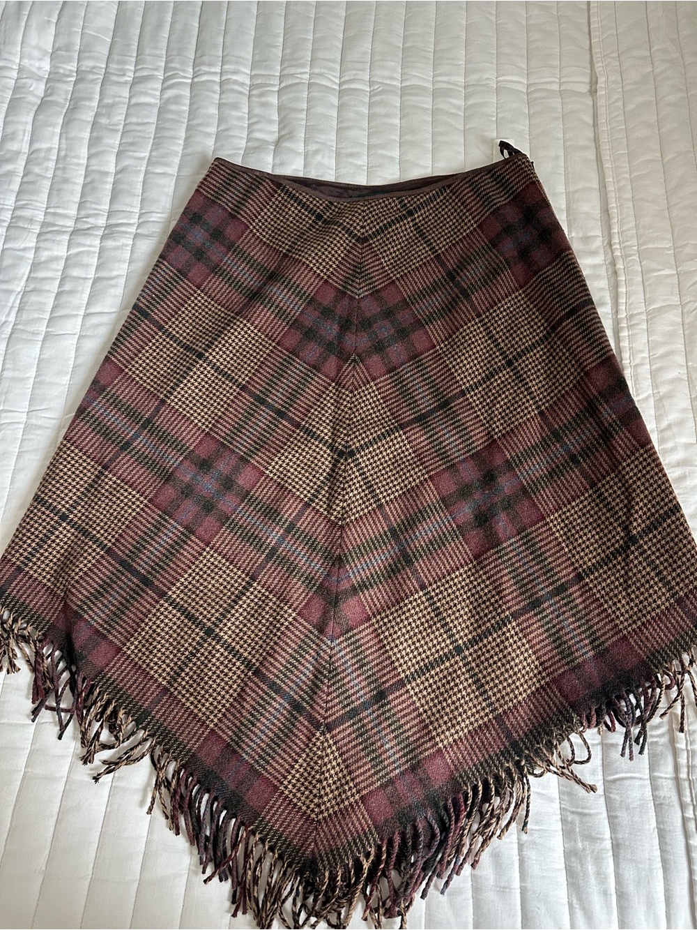 Ralph Lauren Plaid Fringe A-Line Skirt in Brown and Burgundy